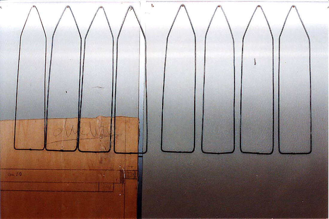 Guillermina De Gennaro, Dimore Perdute, 7 iron shapes on wooden panel, 1995.